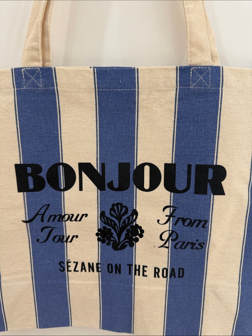 Sezane Blue & Cream Striped 'Bonjour' Canvas Tote - Picture 2 of 3